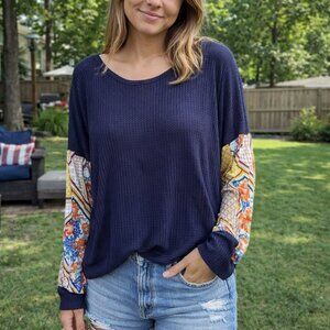 7th Ray Navy Waffle Top w/ Contrasting Pattern Sleeve and Open Twist Back Sz M-L